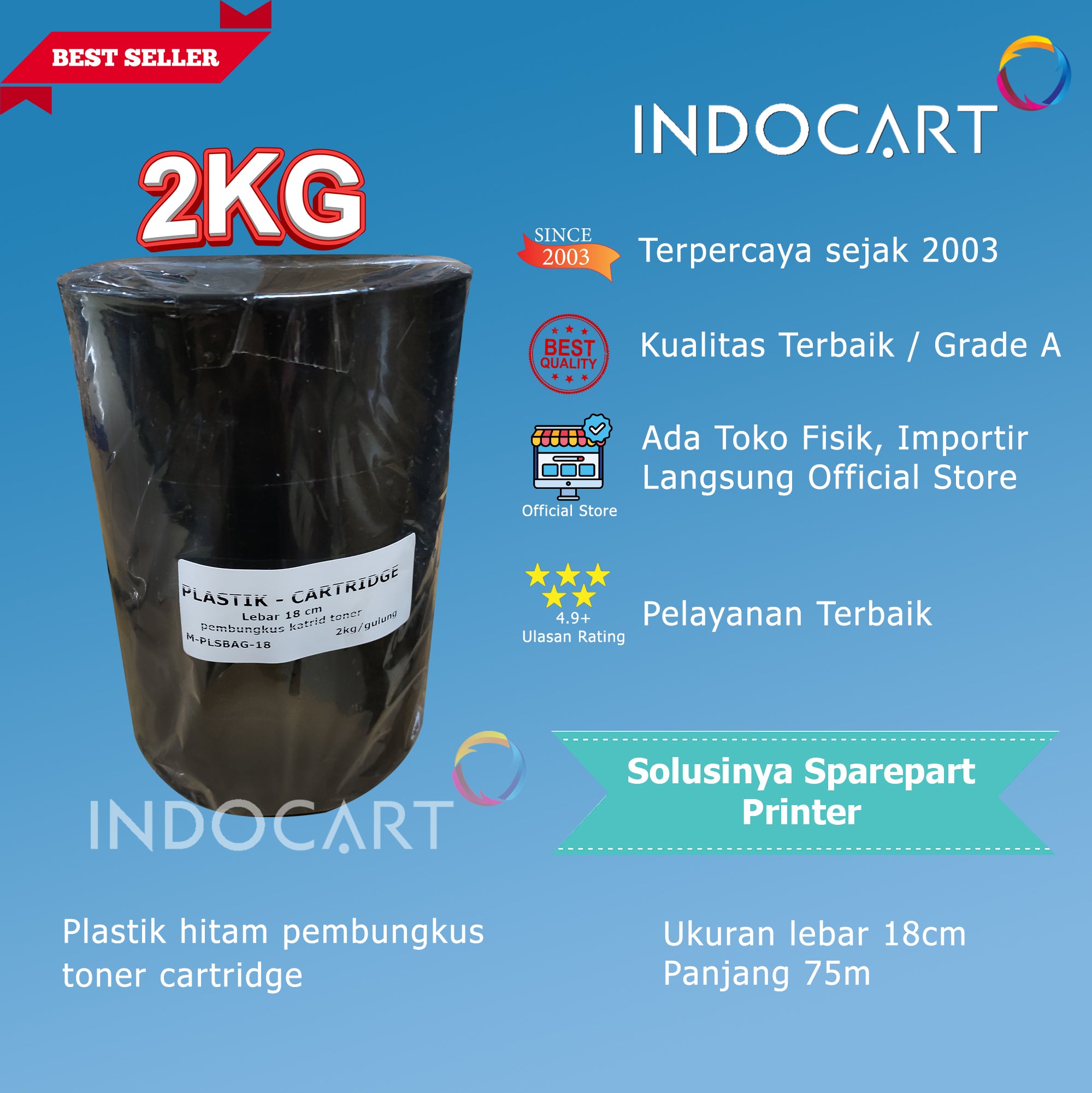 Plastik hitam-lebar 18cm-pembungkus toner cartridge-2kg-75m