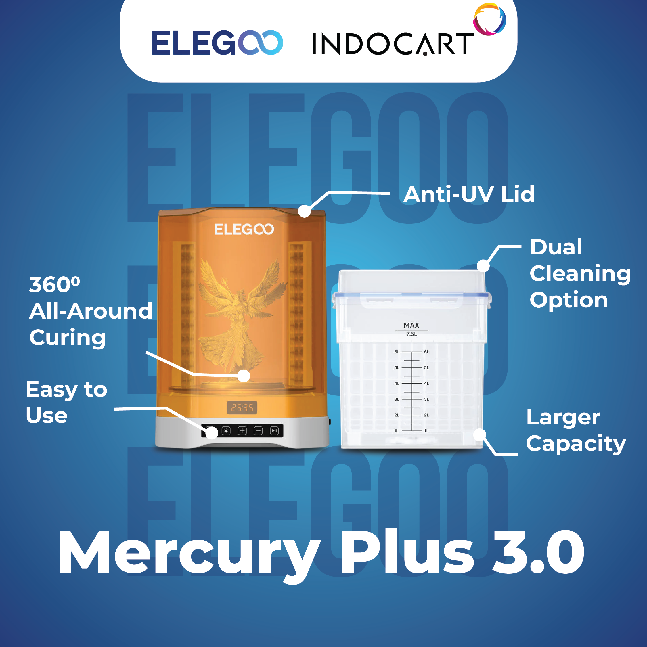 3D Printer Wash and Cure Elegoo Mercury PLUS 3.0 Powerful 360° All-Round Curing with 7.5L Wash Capacity