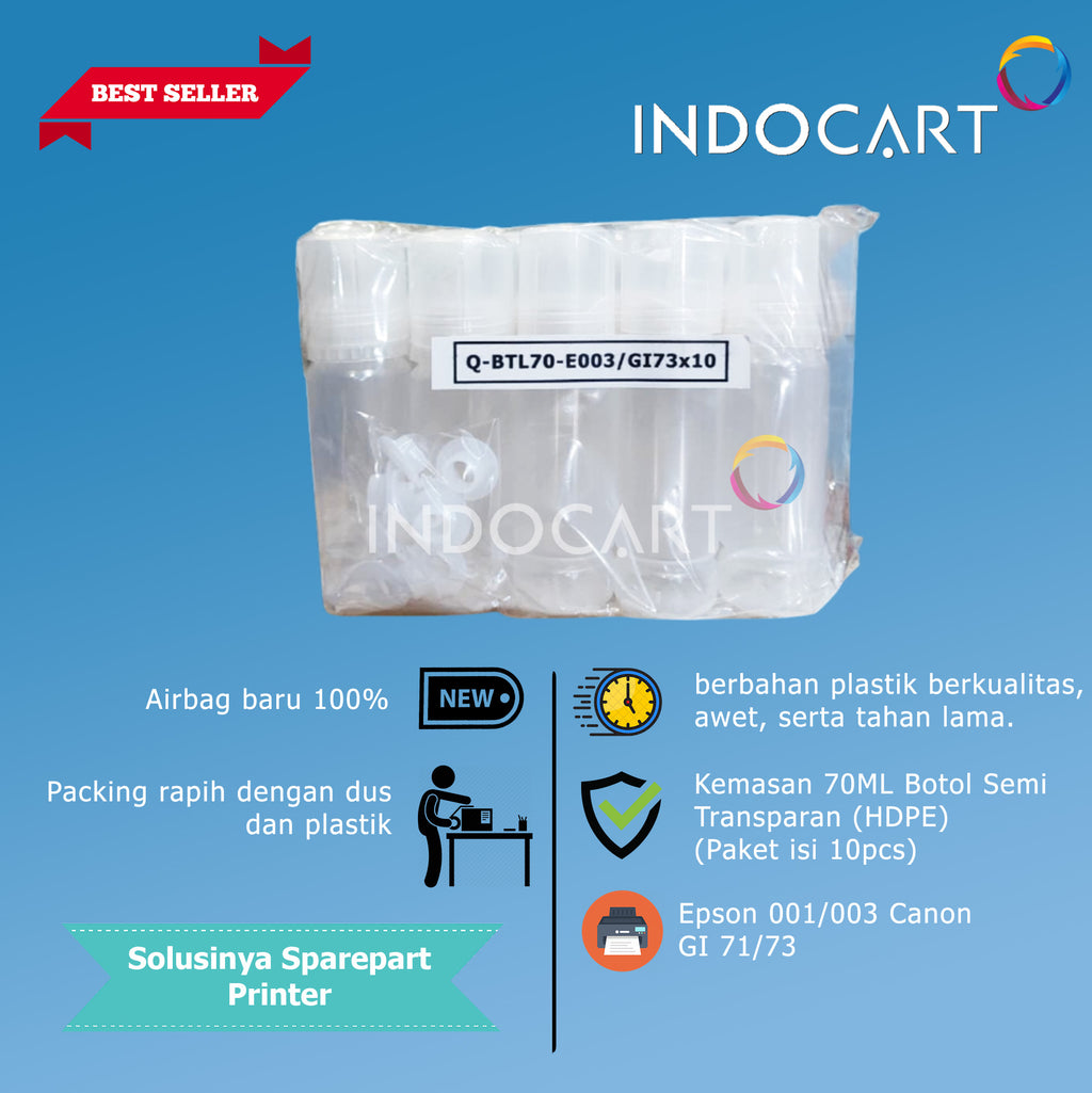 Botol Bulat 70ml Semi Transparant HDPE Plus Tutup Universal-Epson 001 003 Canon GI 71 73-10 Pcs