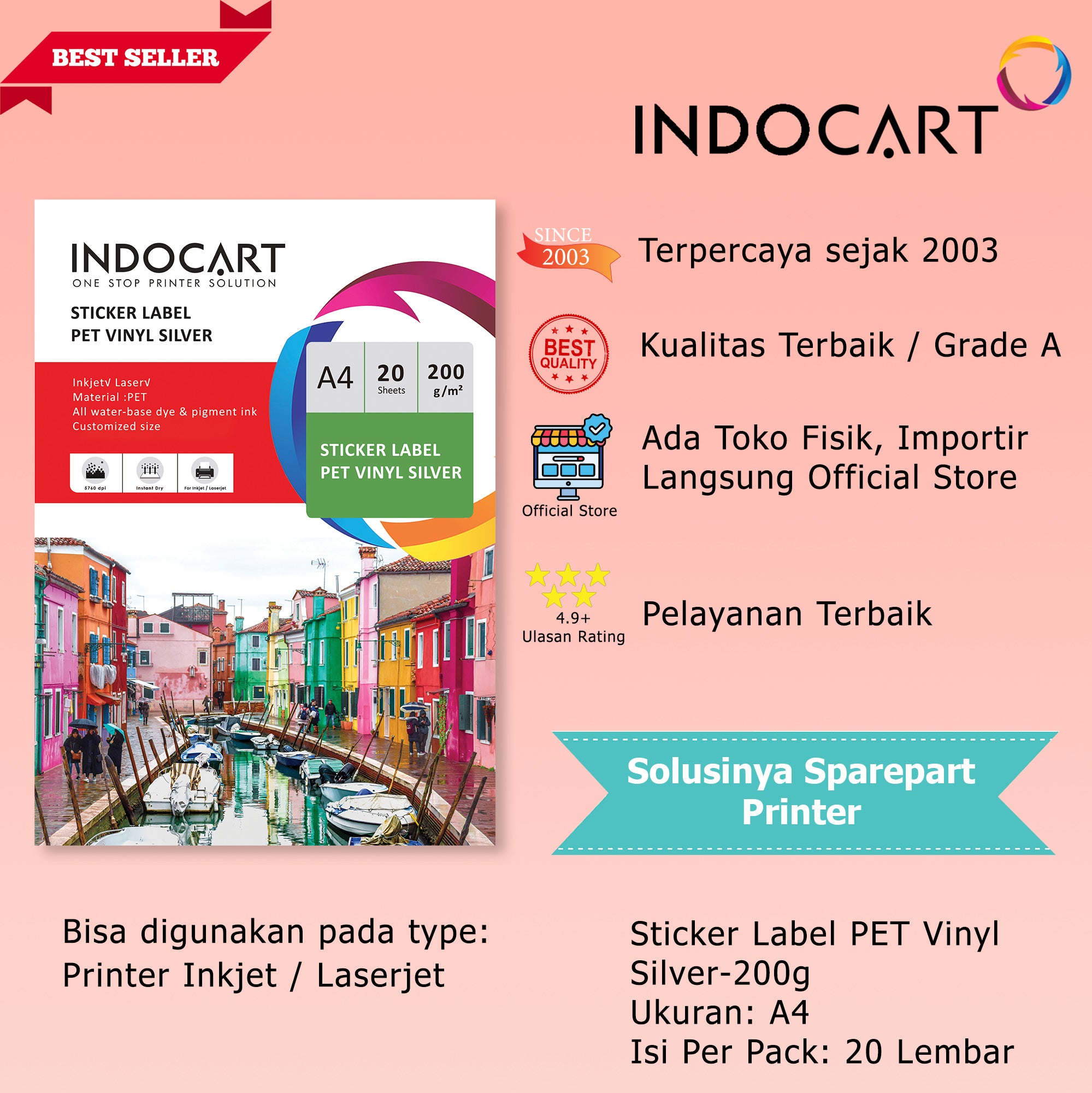 IndoCart Sticker Pet Vinyl Glossy Silver-A4-20s