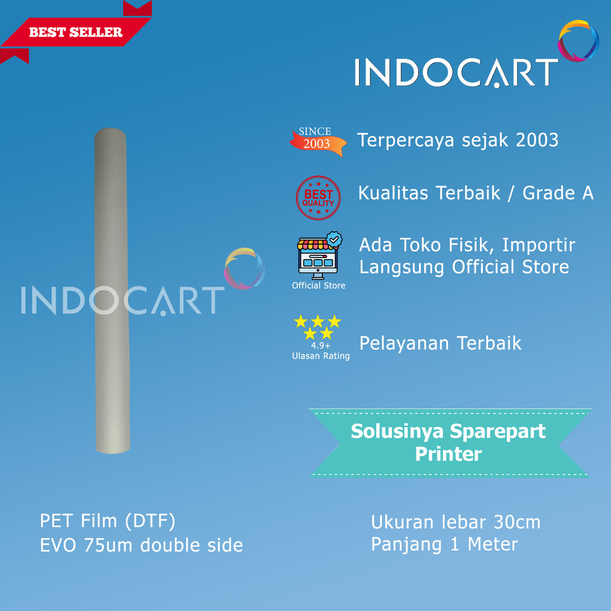 Transfer PET Film Sablon DTF Direct Transfer Film EVO 75um Double Side 30cmx1m-5 Lembar