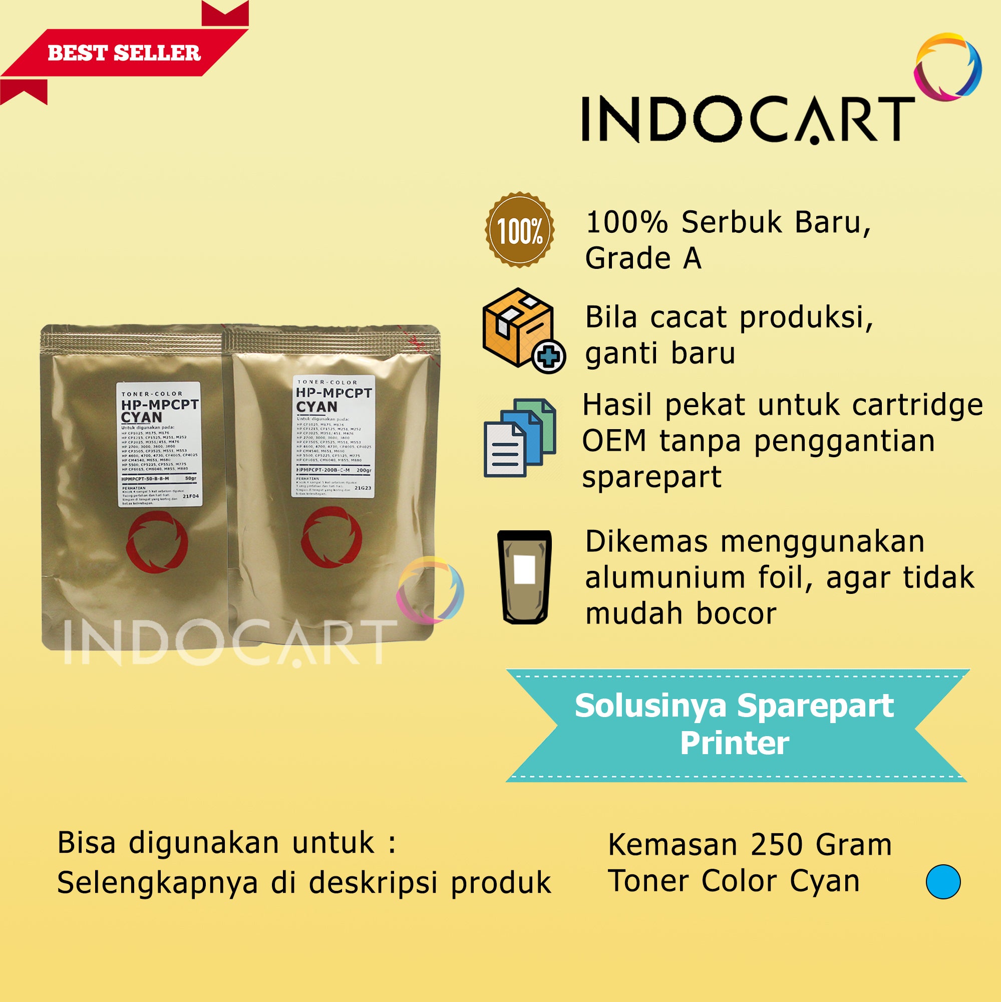 Serbuk Toner Warna MPCPT 130A 131A 304A 507A-HP M176 M251 M551 CP2025 CM2320-CMY (250gr-270gr)