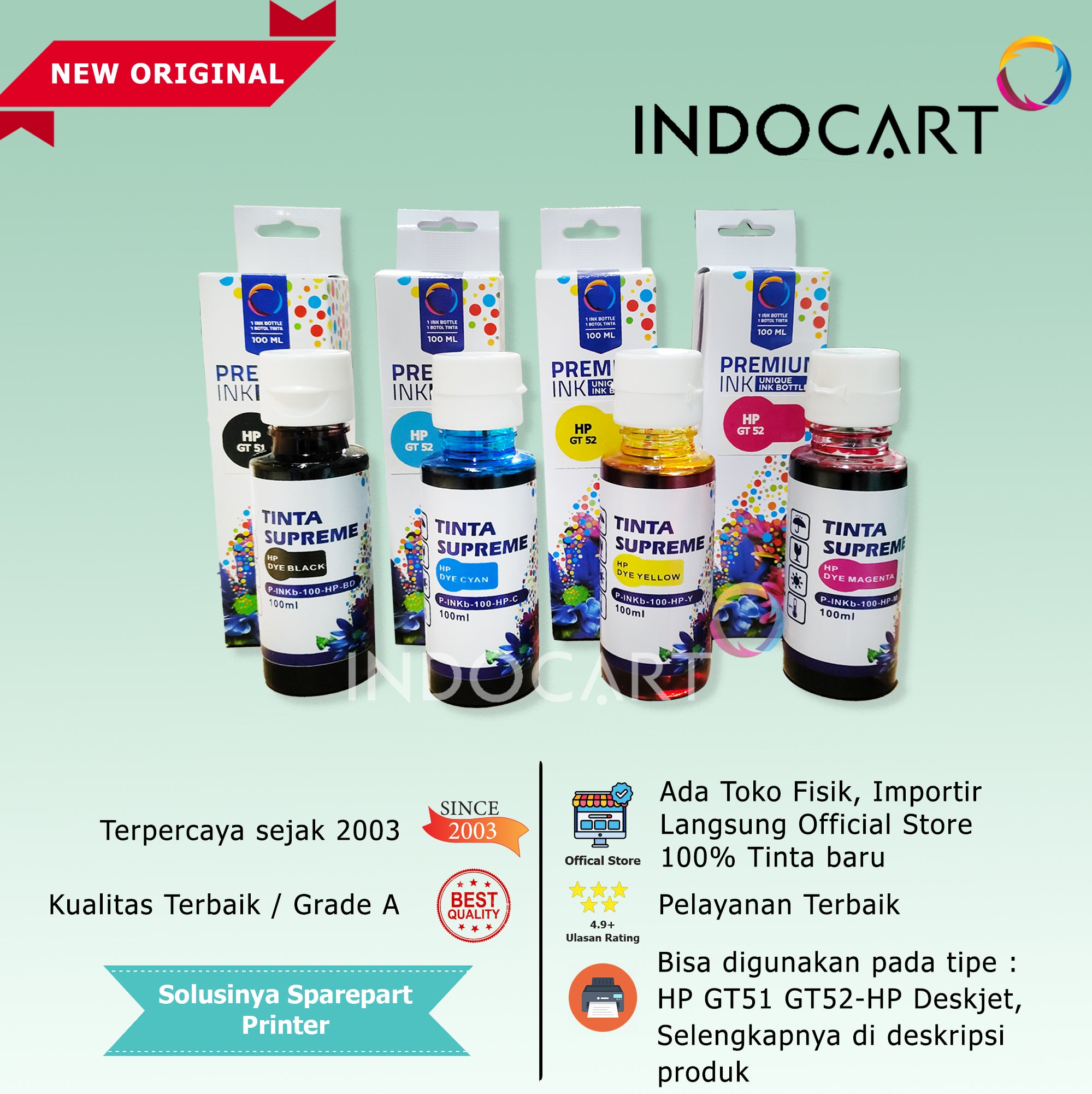 IndoCart Tinta Refill Printer HP GT51 GT52 GT 51 52-Dye Ink-100ml