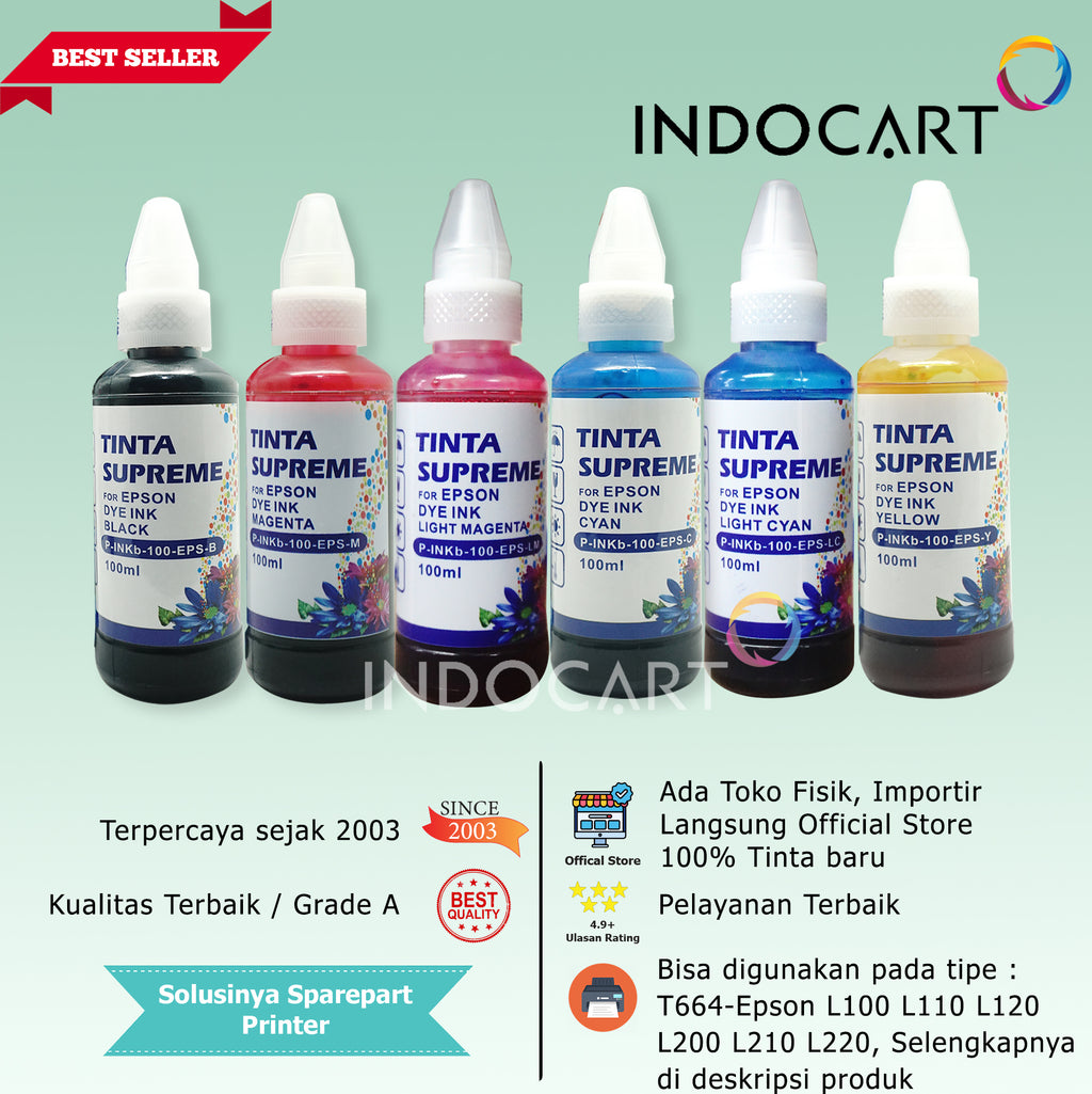 IndoCart Tinta Epson T6641 T6642 T6643 T6644-Dye Ink-100ml-no box