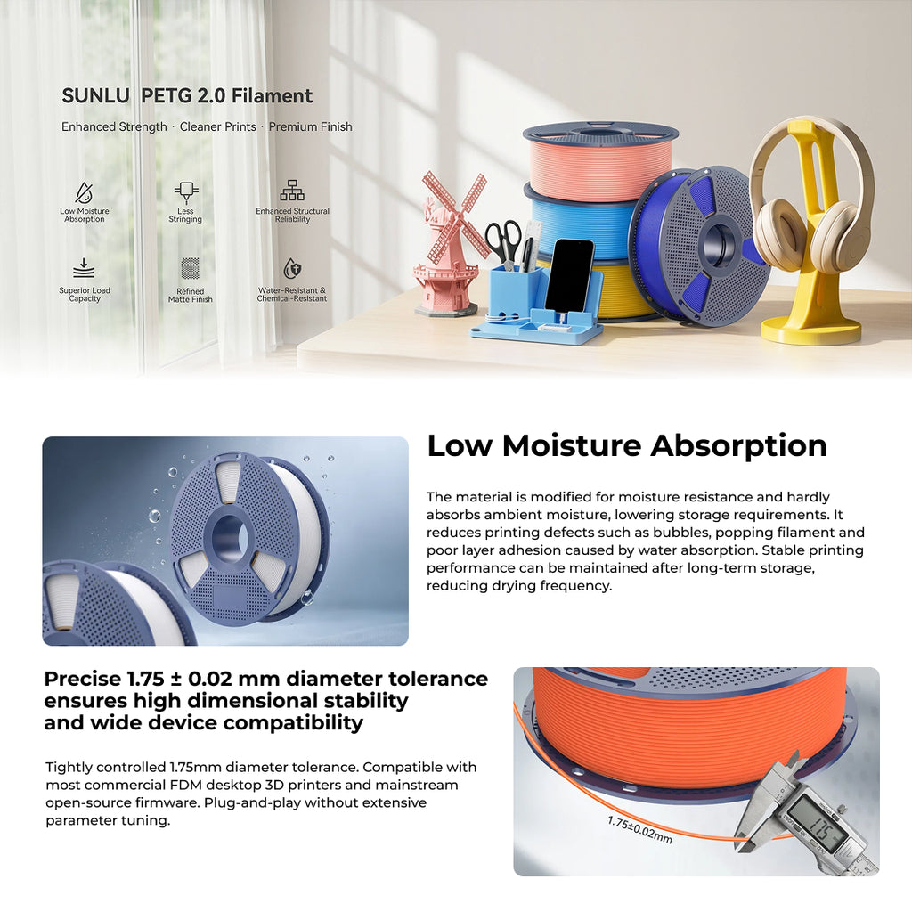 3D Printer Filament Sunlu PETG Plus 2.0 Enhanced Low Moisture Absorption