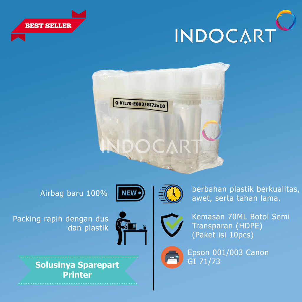 Botol Bulat 70ml Semi Transparant HDPE Plus Tutup Universal-Epson 001 003 Canon GI 71 73-10 Pcs