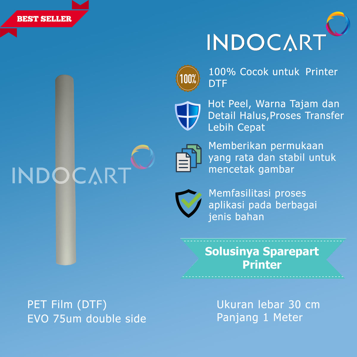 Transfer PET Film Sablon DTF Direct Transfer Film EVO 75um Double Side 30cmx1m-5 Lembar