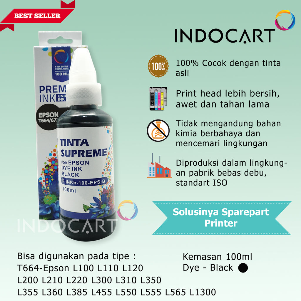 IndoCart Tinta Refill Epson T6641 T6642 T6643 T6644-Dye Ink-100ml