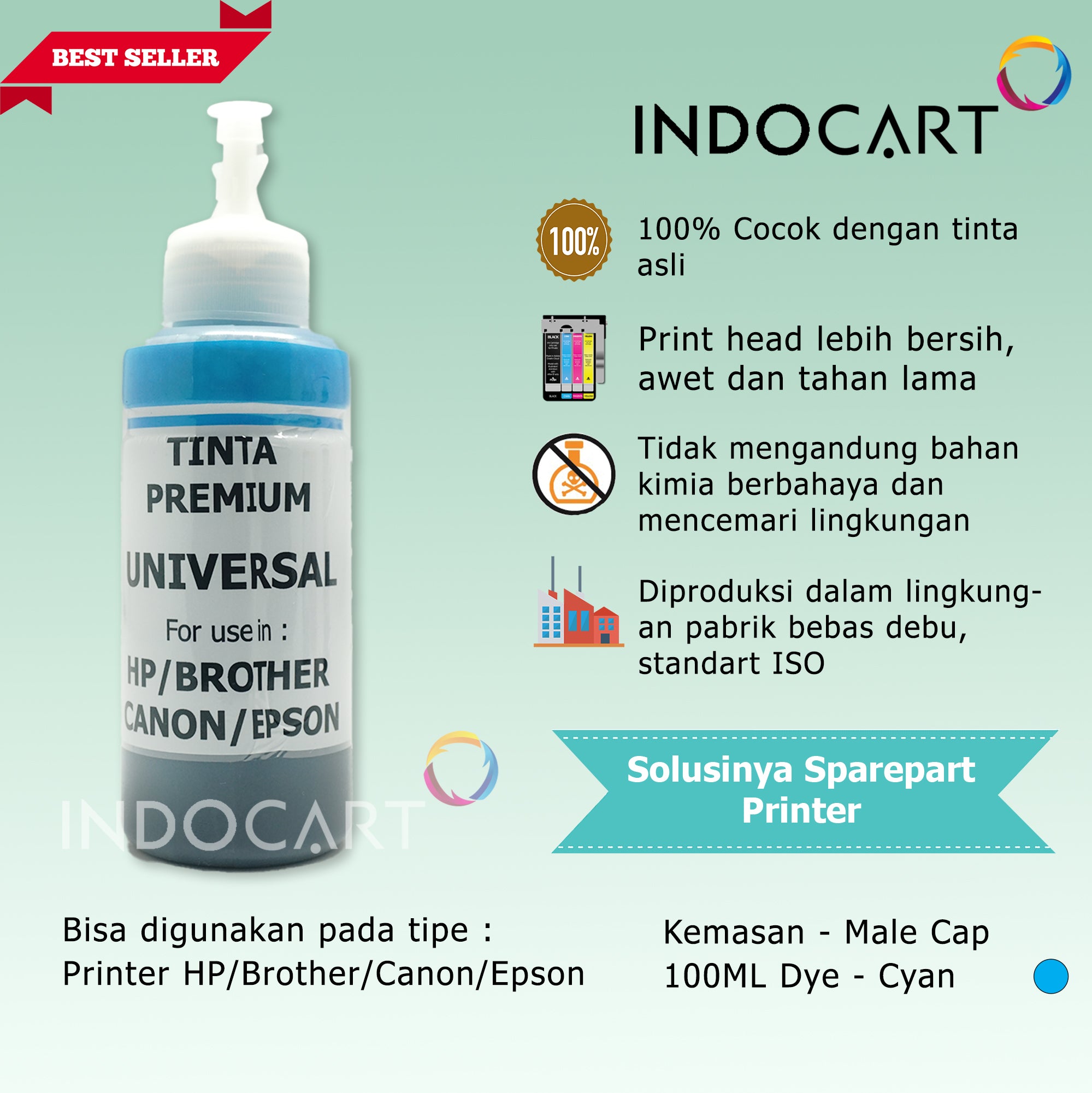 IndoCart Tinta Refill Universal Printer Dye base 70ml Male Cap