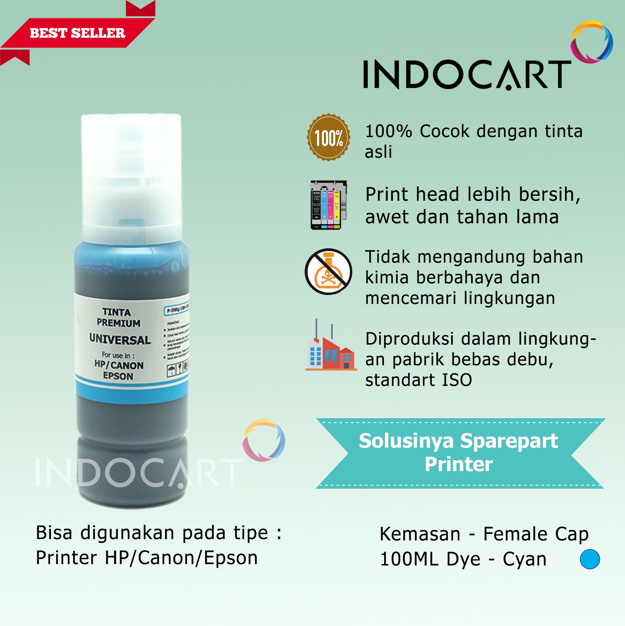 IndoCart Tinta Refill Universal Printer Dye base 100ml Female Cap