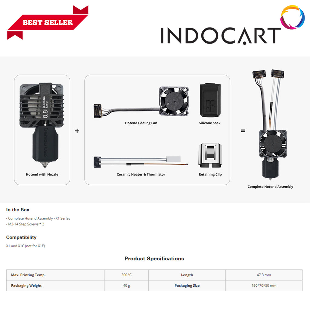 3D Printer Parts BambuLab Complete Hotend Assembly with Hardened Steel Nozzle 0.4mm BambuLab X1C