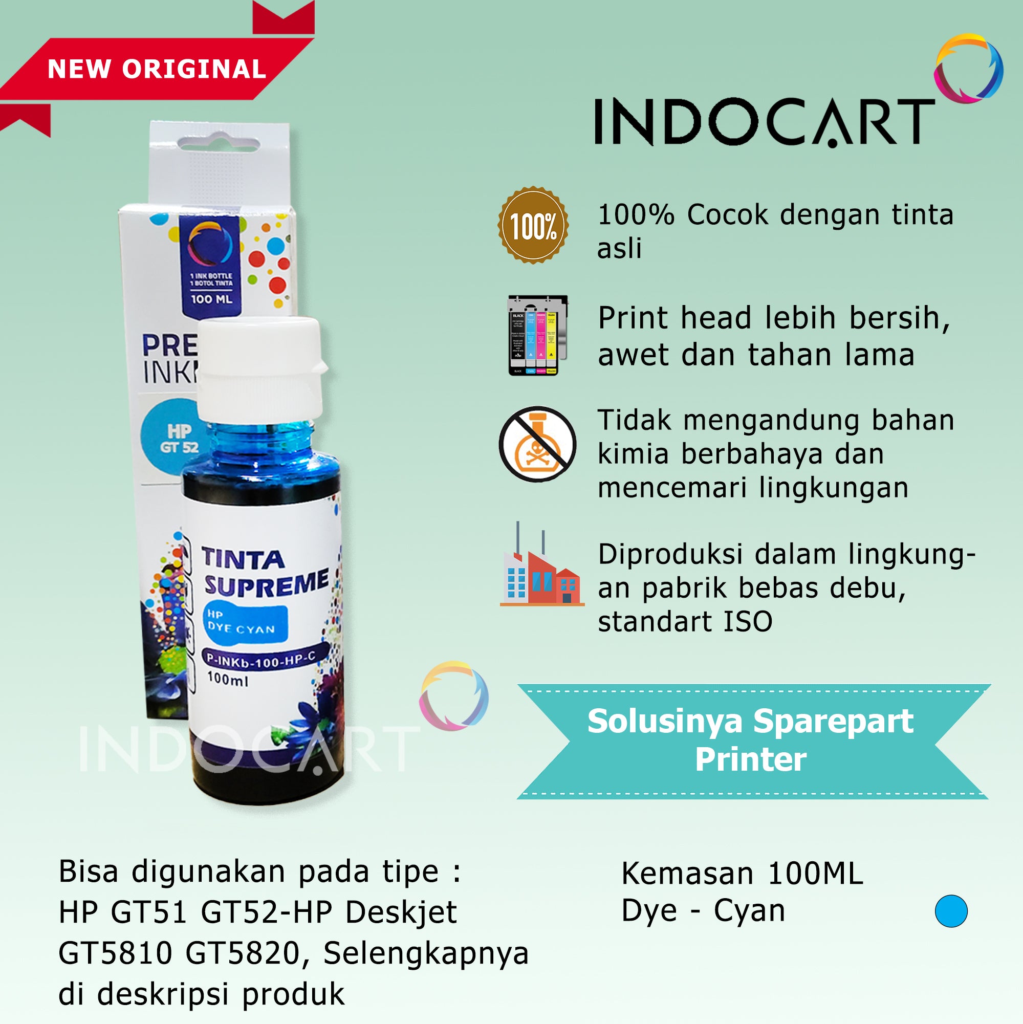 IndoCart Tinta Refill Printer HP GT51 GT52 GT 51 52-Dye Ink-100ml