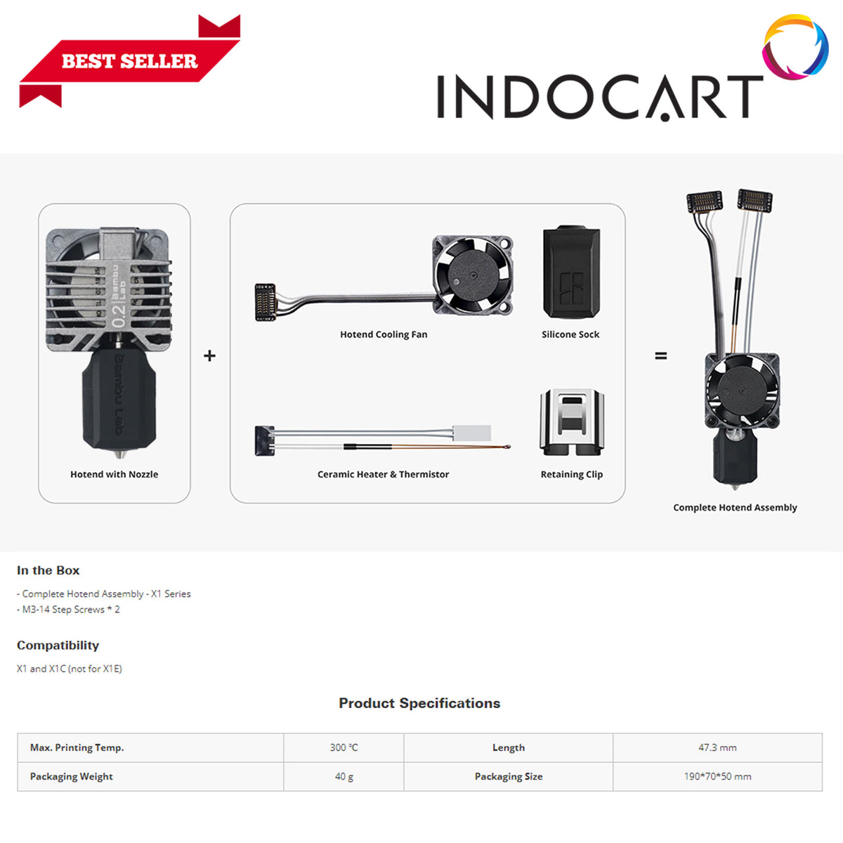 3D Printer Parts BambuLab Complete Hotend Assembly with Hardened Steel Nozzle 0.4mm BambuLab X1C