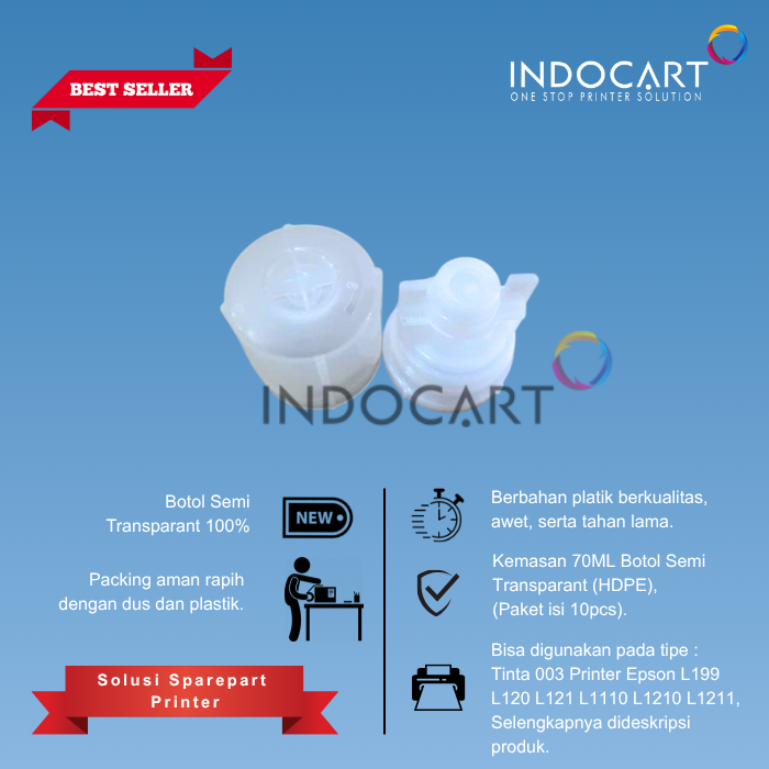 Botol Bulat 70ml Semi Transparant (HDPE) Plus Tutup-Epson 001 003-10 Pcs