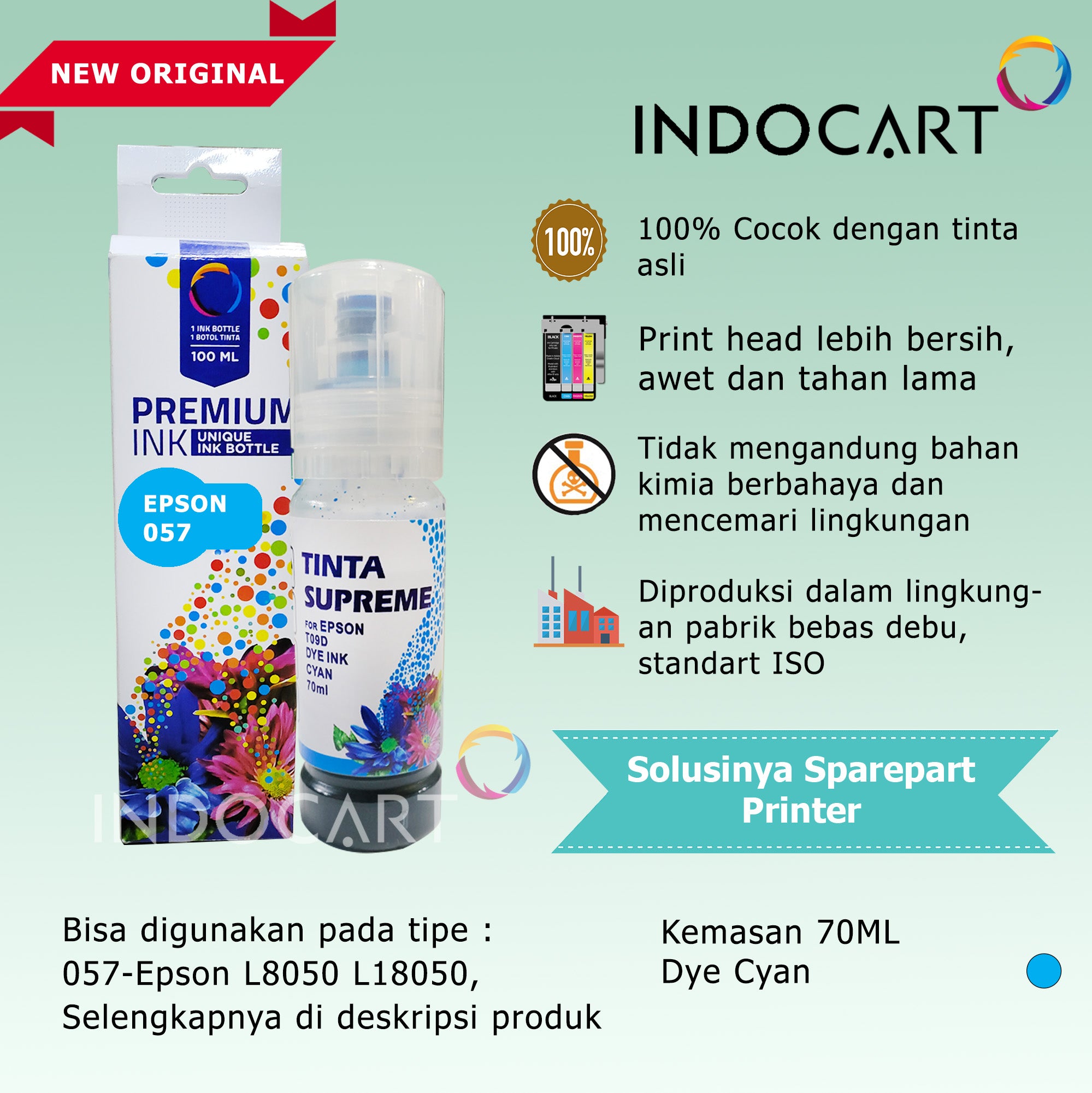 IndoCart Tinta Refill Printer Epson 057 6CL L8050 L18050 T09D 70ml+Dus