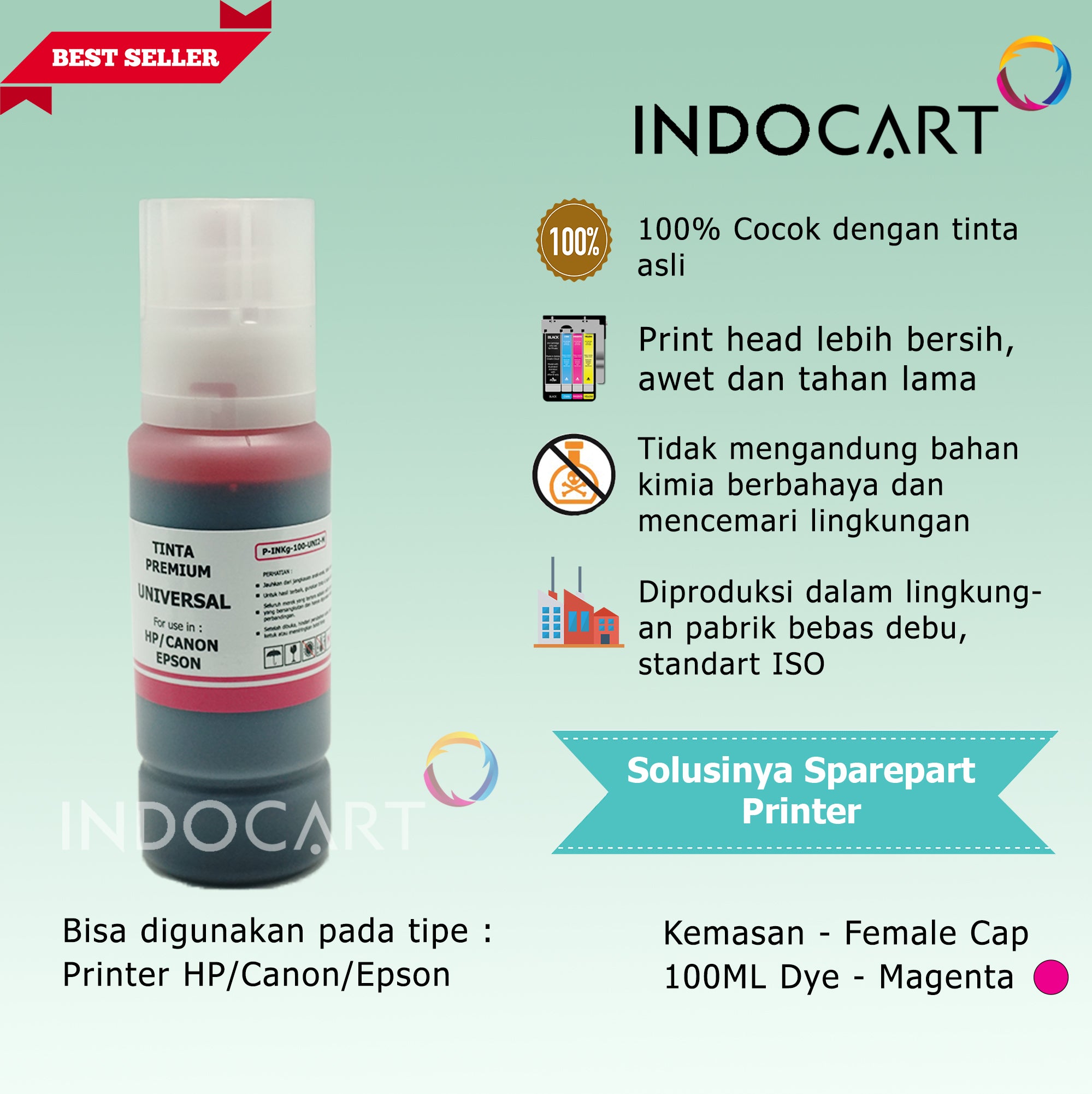 IndoCart Tinta Refill Universal Printer Dye base 100ml Female Cap