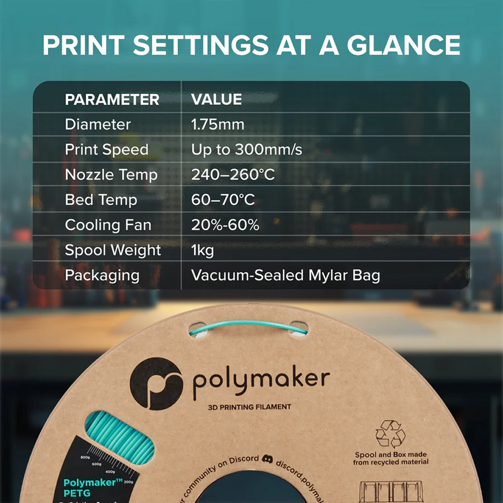 3D Printer Filament PolyMaker PolyLite PETG Filament with Balanced Mechanical Properties 1.75mm 1Kg