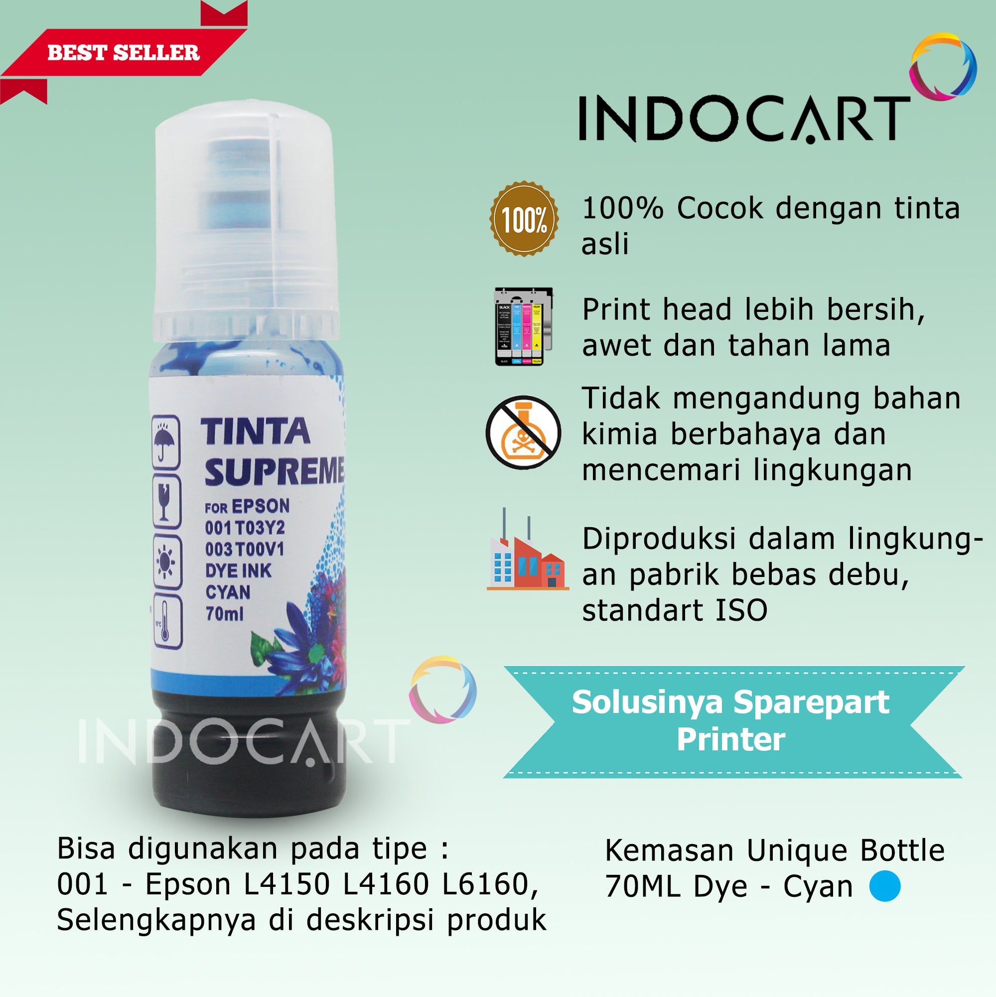 IndoCart Tinta Refill Printer Epson 001 003 Dye Ink-70ml-no box