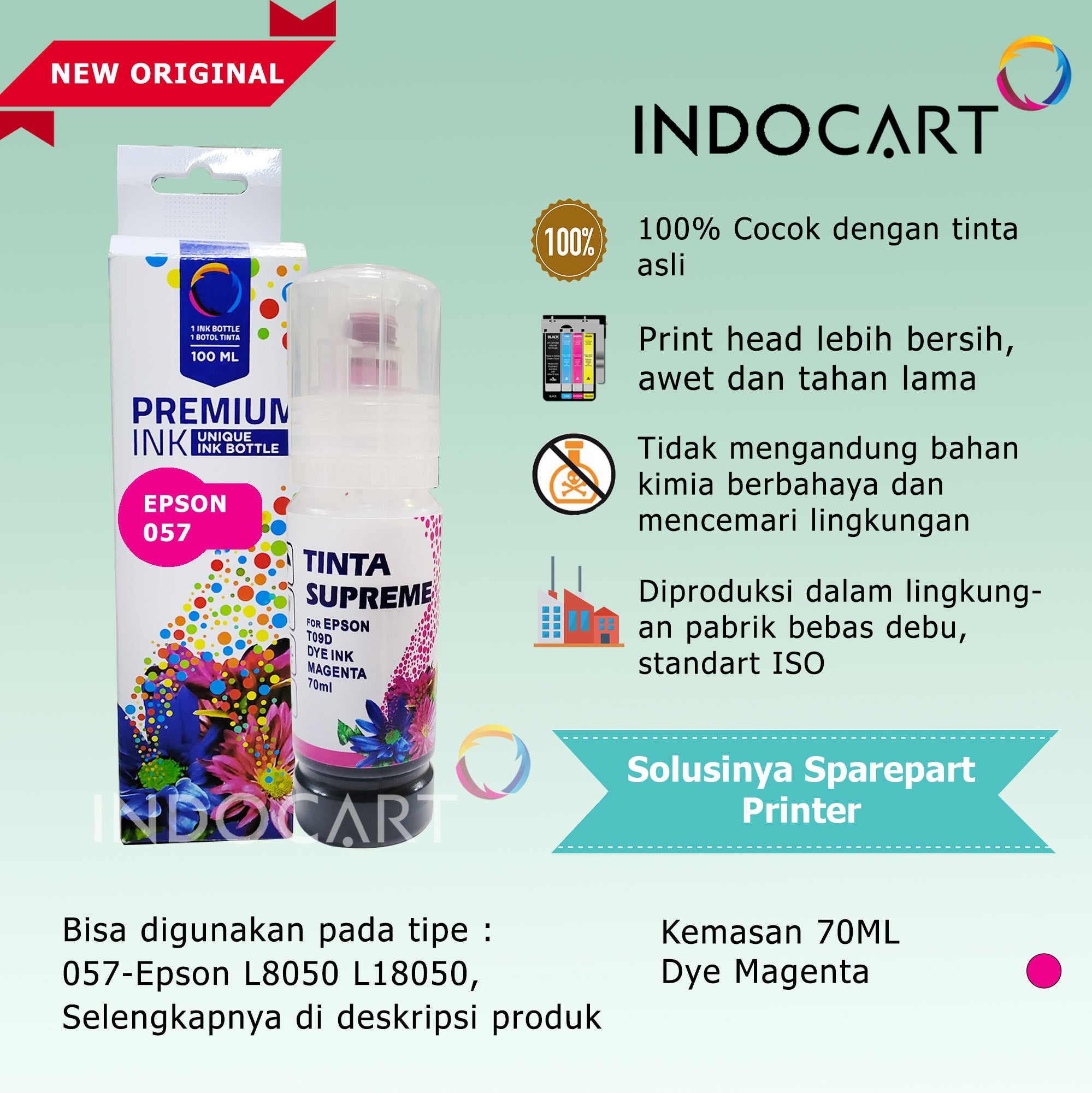 IndoCart Tinta Refill Printer Epson 057 6CL L8050 L18050 T09D 70ml+Dus