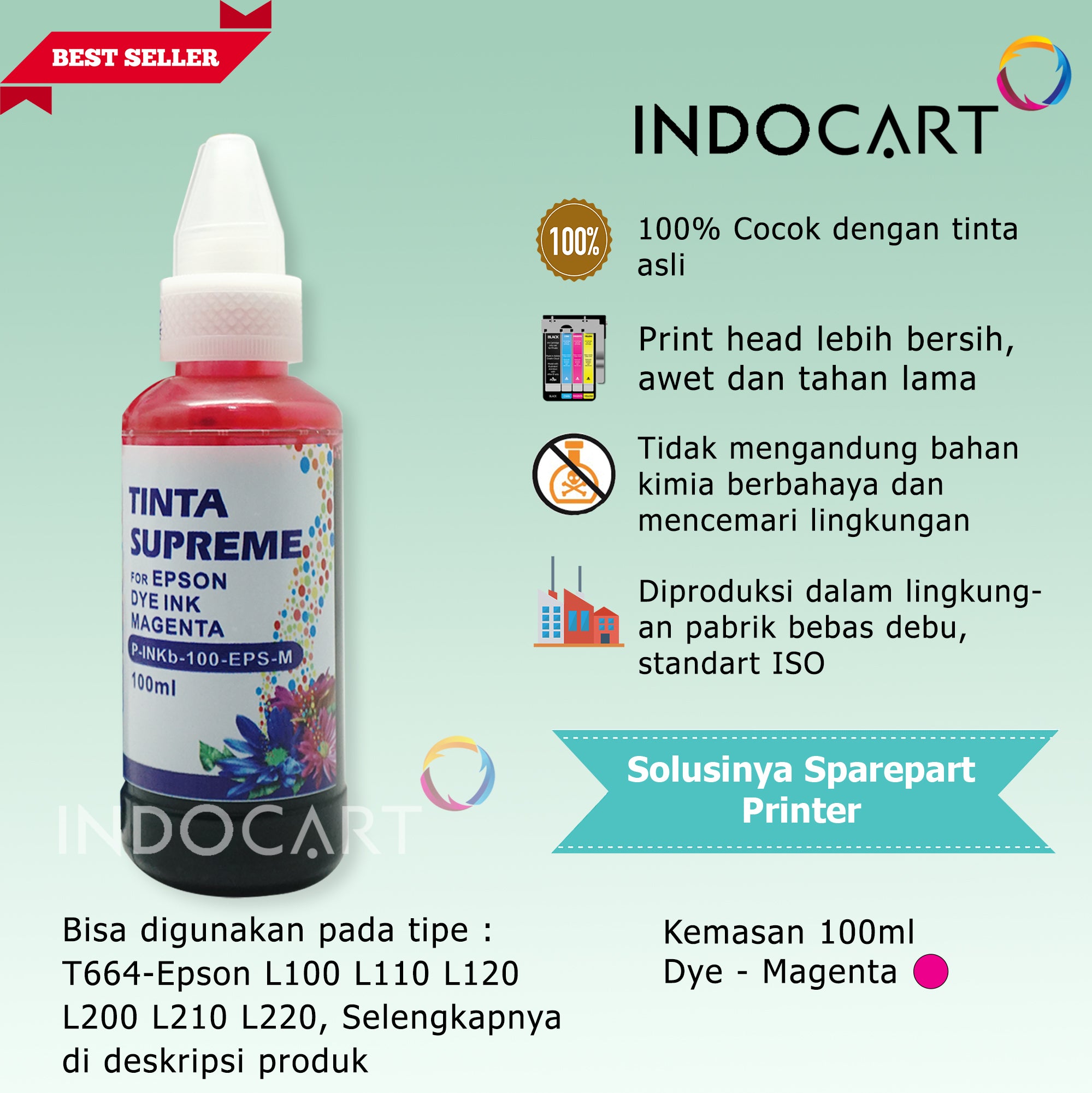 IndoCart Tinta Epson T6641 T6642 T6643 T6644-Dye Ink-100ml-no box