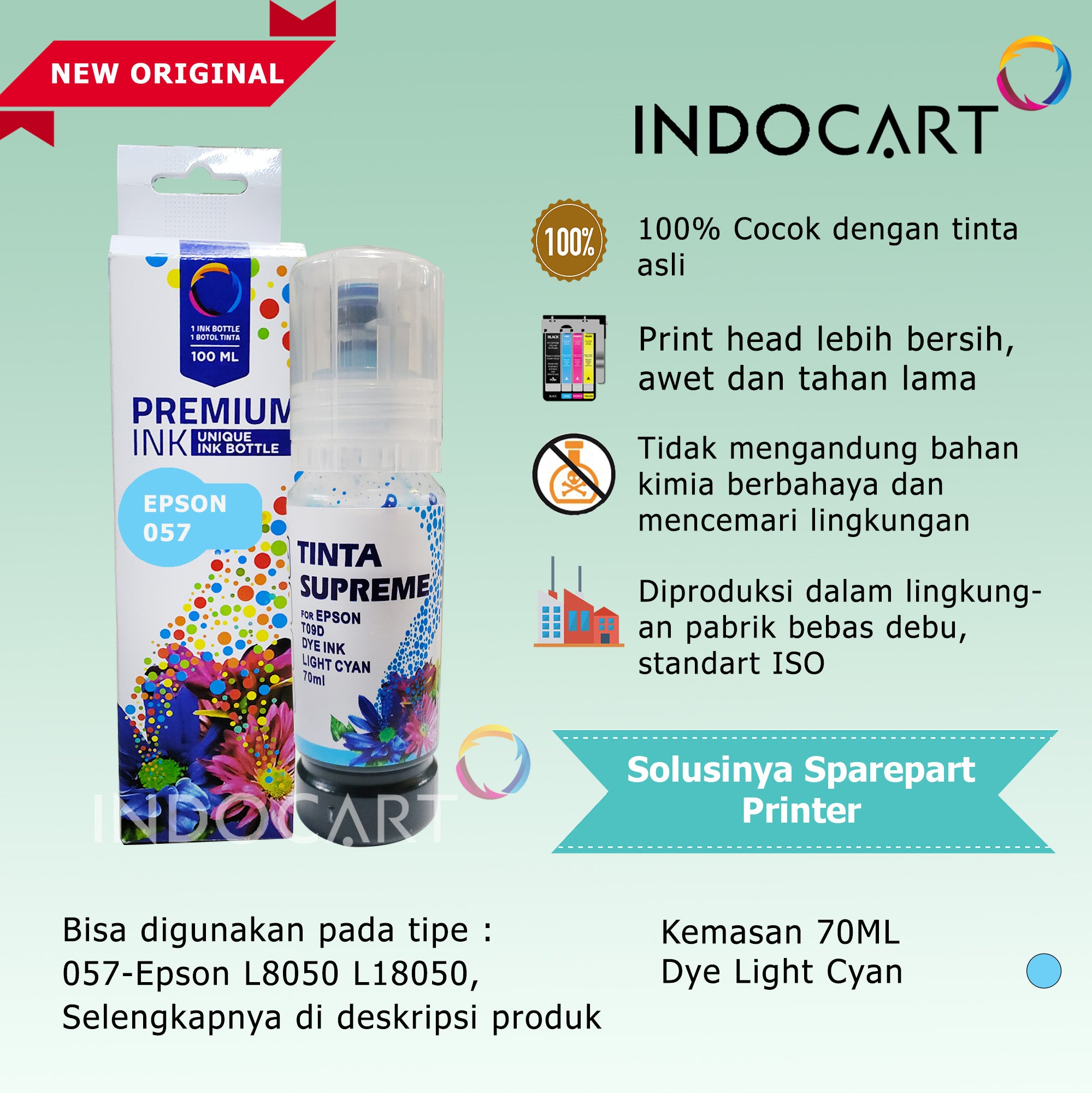 IndoCart Tinta Refill Printer Epson 057 6CL L8050 L18050 T09D 70ml+Dus