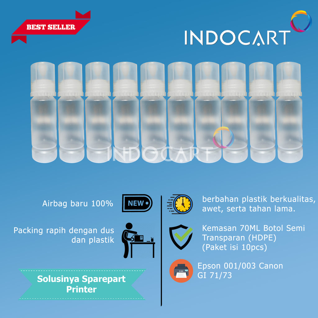 Botol Bulat 70ml Semi Transparant HDPE Plus Tutup Universal-Epson 001 003 Canon GI 71 73-10 Pcs