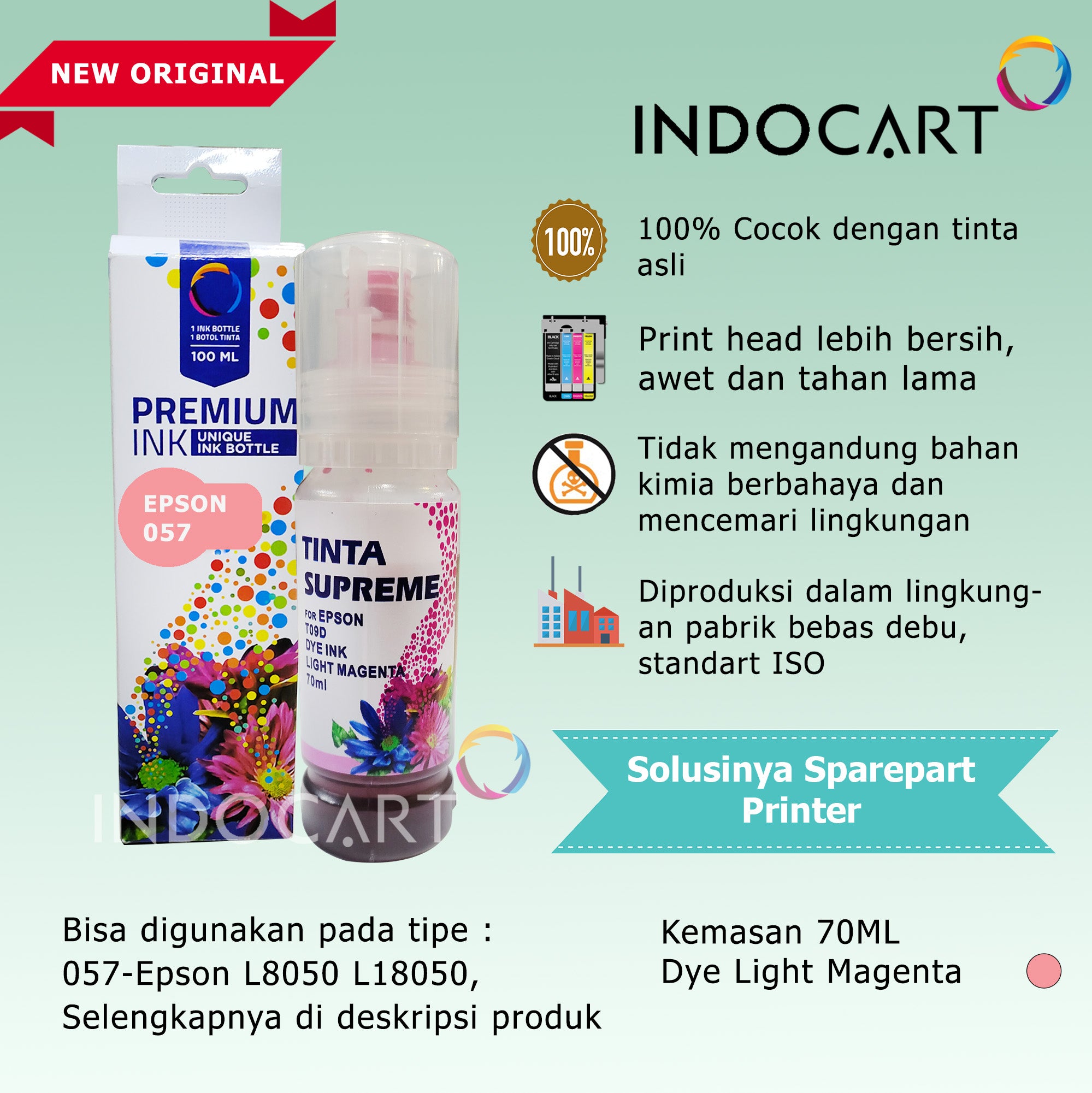 IndoCart Tinta Refill Printer Epson 057 6CL L8050 L18050 T09D 70ml+Dus