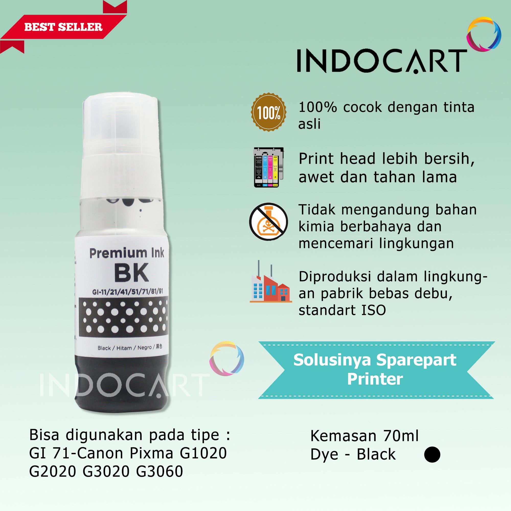 IndoCart Tinta Refill Canon GI71 G1020 G2020 G3020-Dye-70ml-no box