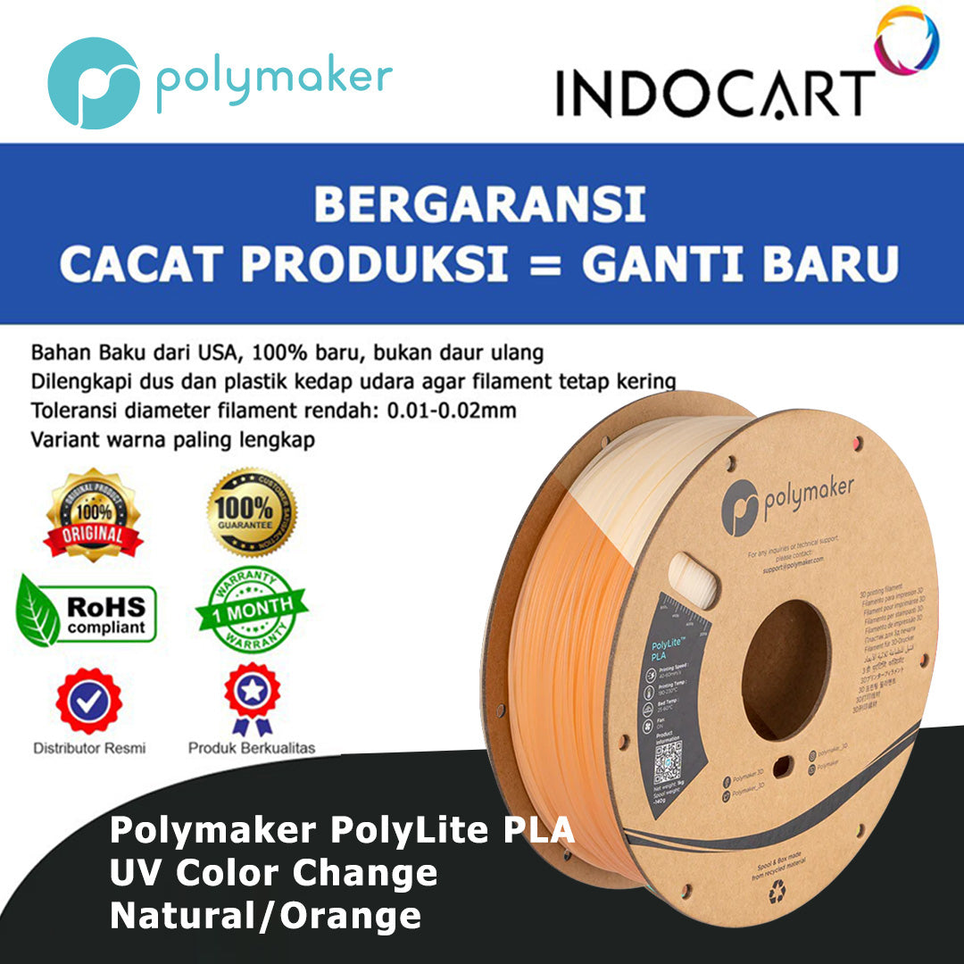 3D Printer Filament PolyMaker PolyLite PLA UV Color Change Natural To Orange