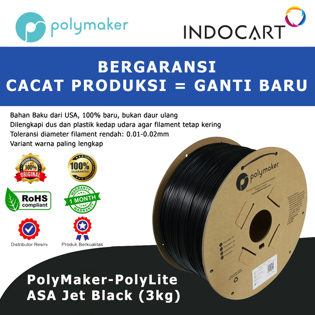 3D Printer FILAMENT PolyMaker PolyLite ASA Superior Weather and UV Resistance-JetBlack 1.75mm-3Kg