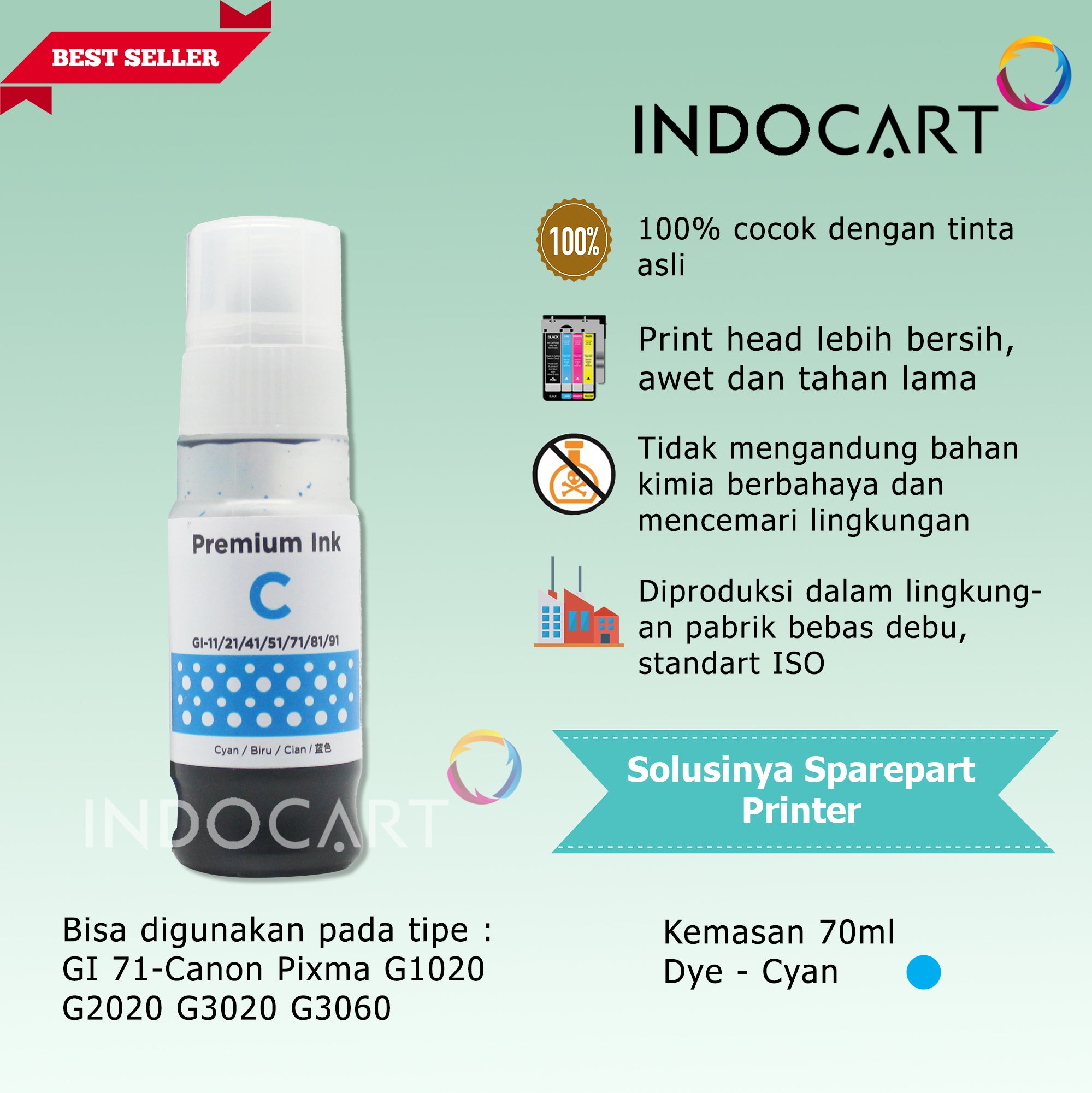 IndoCart Tinta Refill Canon GI71 G1020 G2020 G3020-Dye-70ml-no box