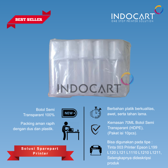 Botol Bulat 70ml Semi Transparant (HDPE) Plus Tutup-Epson 001 003-10 Pcs