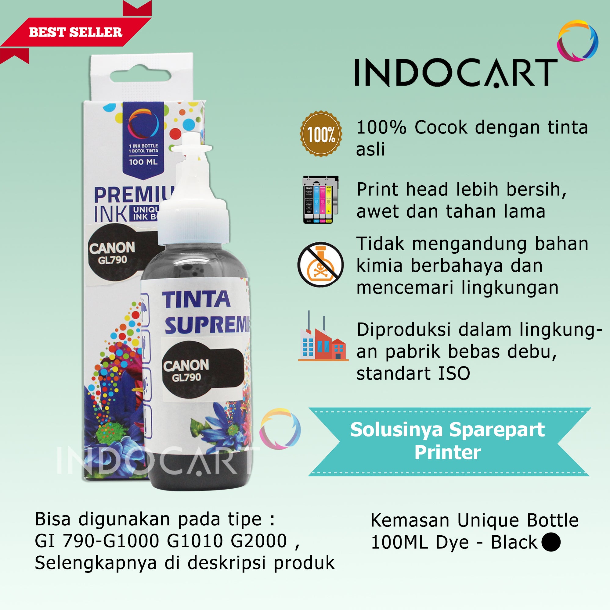 IndoCart Tinta Refill Canon GI790 GI 790 G1000 G2000-Dye-100ml