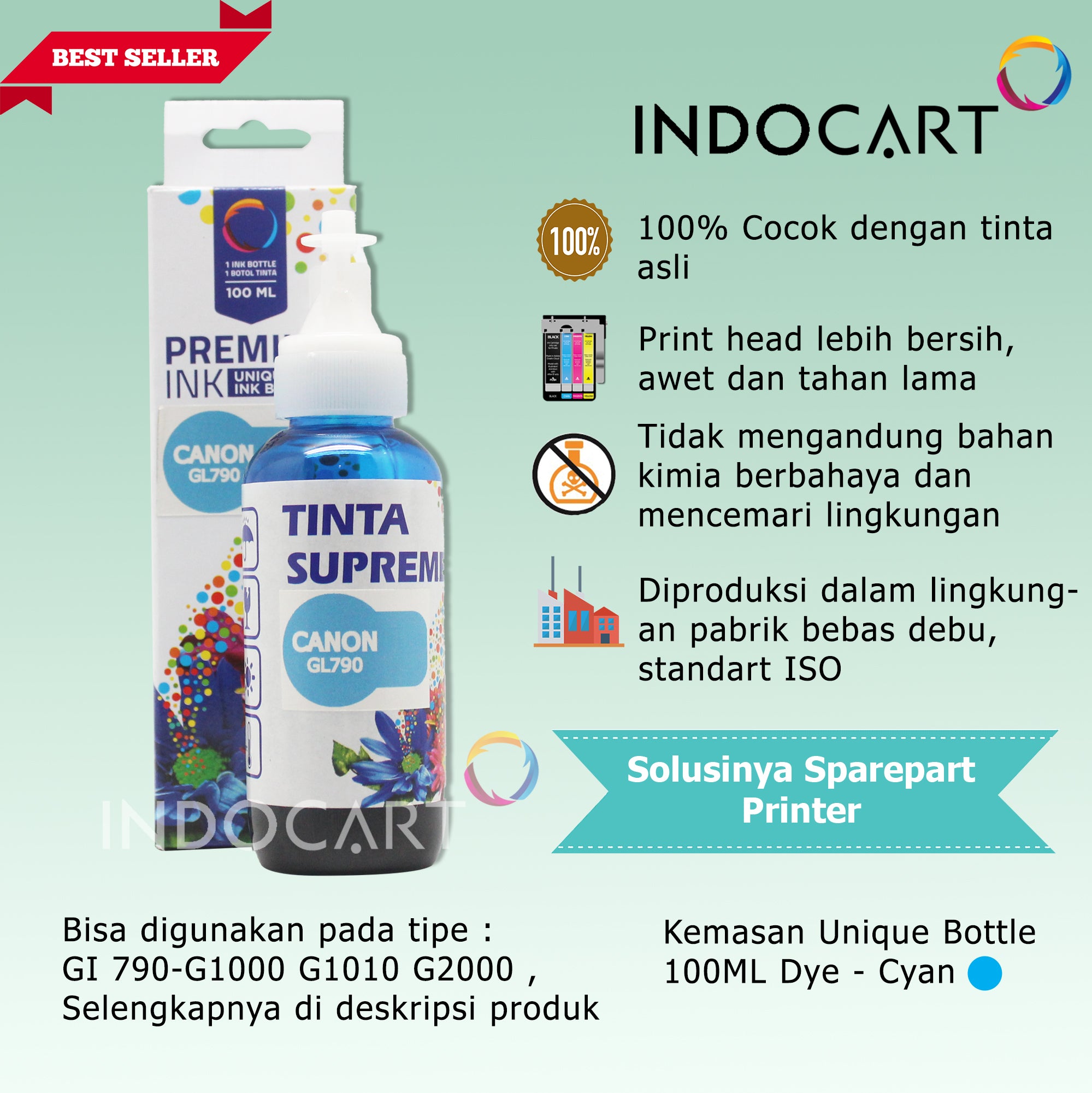 IndoCart Tinta Refill Canon GI790 GI 790 G1000 G2000-Dye-100ml