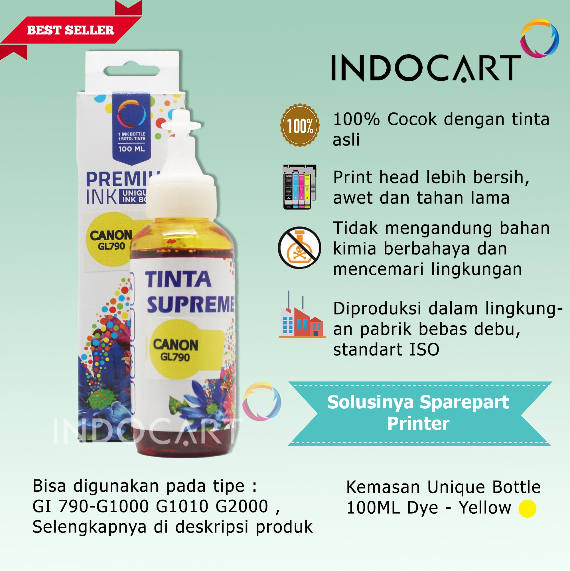 IndoCart Tinta Refill Canon GI790 GI 790 G1000 G2000-Dye-100ml