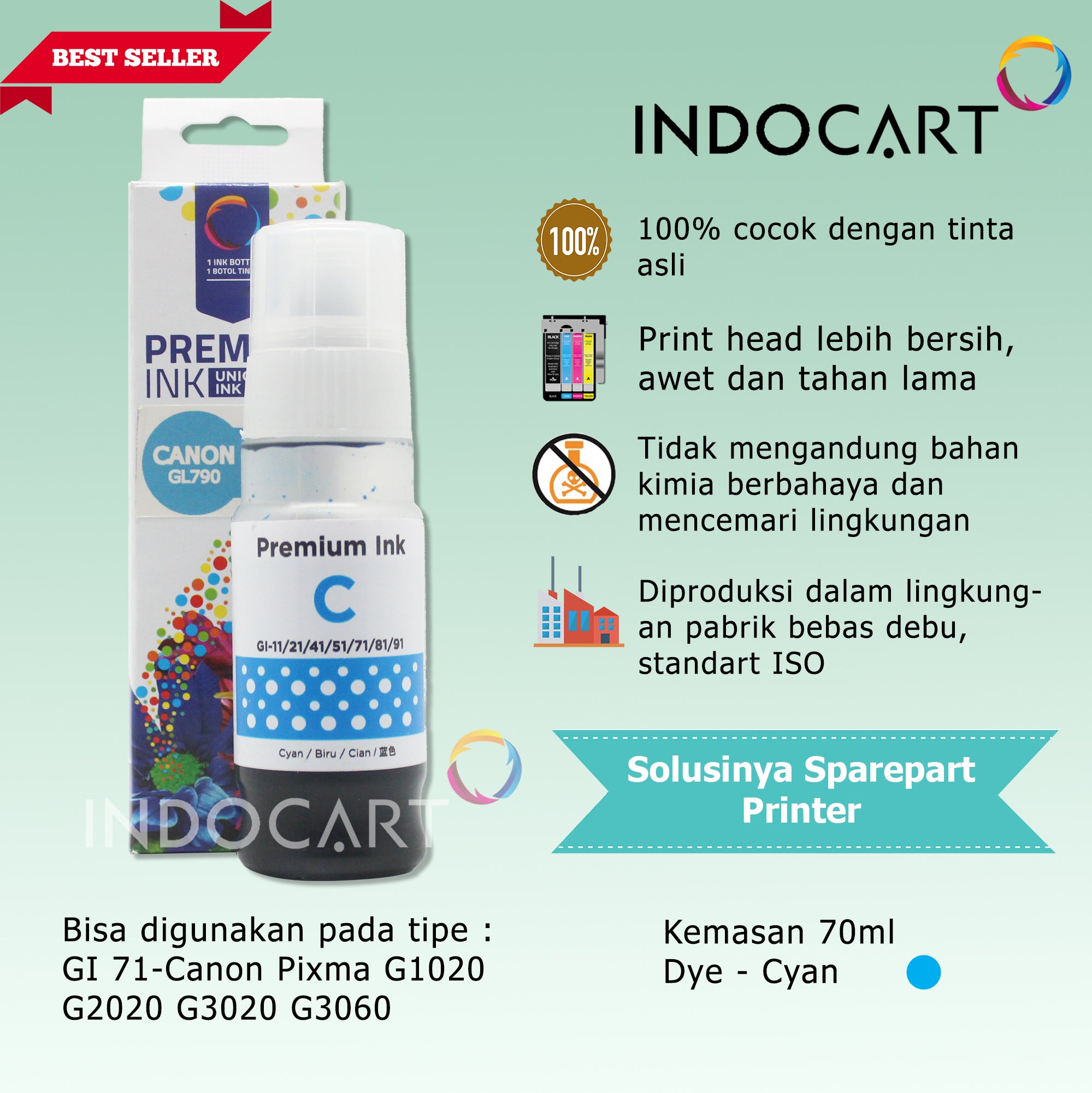 IndoCart Tinta Refill Canon GI 71 G1020 G2020 G3020 G3060-Dye-70ml